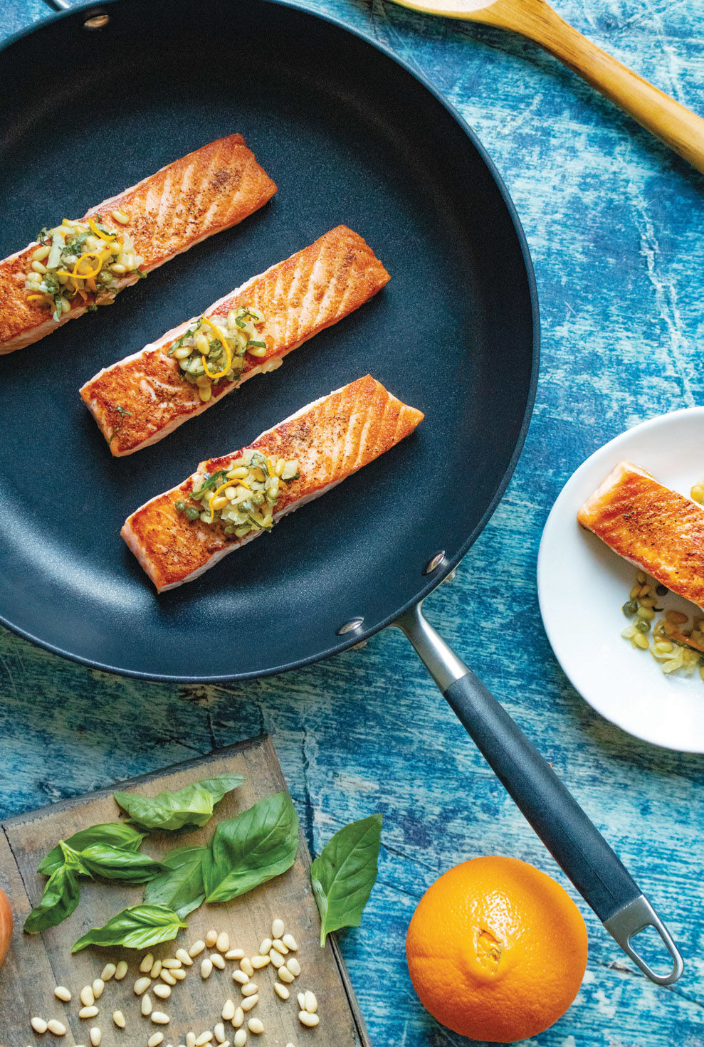 Seared Salmon with Pine Nut, Caper and Fennel Topping